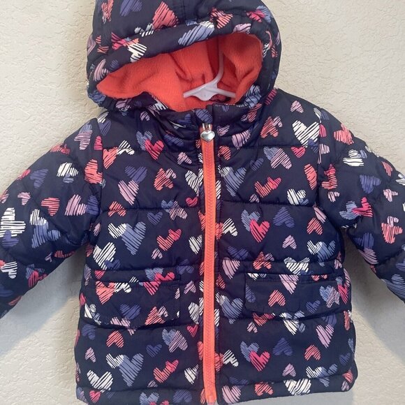 Oshkosh B' Gosh Girls 18 MO Blue Winter Coat Jacket Pink Hearts Hooded - Picture 2 of 7